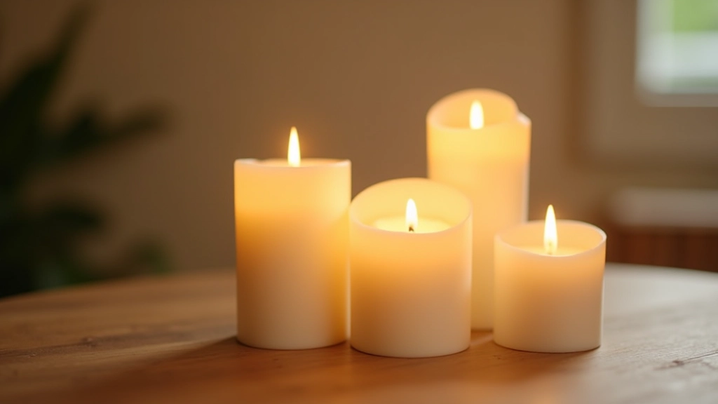 Arrangement of three pillar candles in varying heights positioned in a triangular formation on a wooden surface