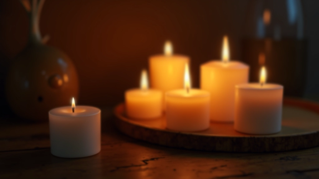 Close-up detail of candles arranged on a dark wooden surface with proper spacing between each candle