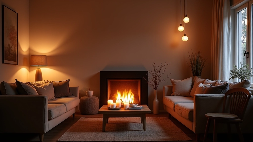 Warm ambient lighting in a cozy living room with layered light sources