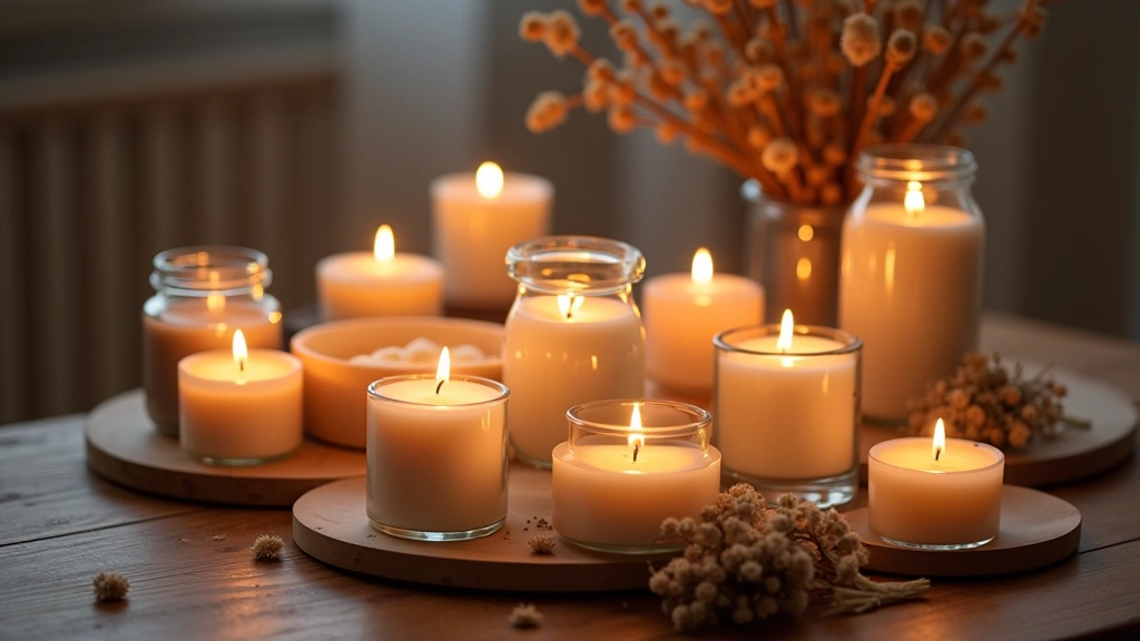 Selection of different candles and warm light sources arranged on a wooden surface for ambient lighting