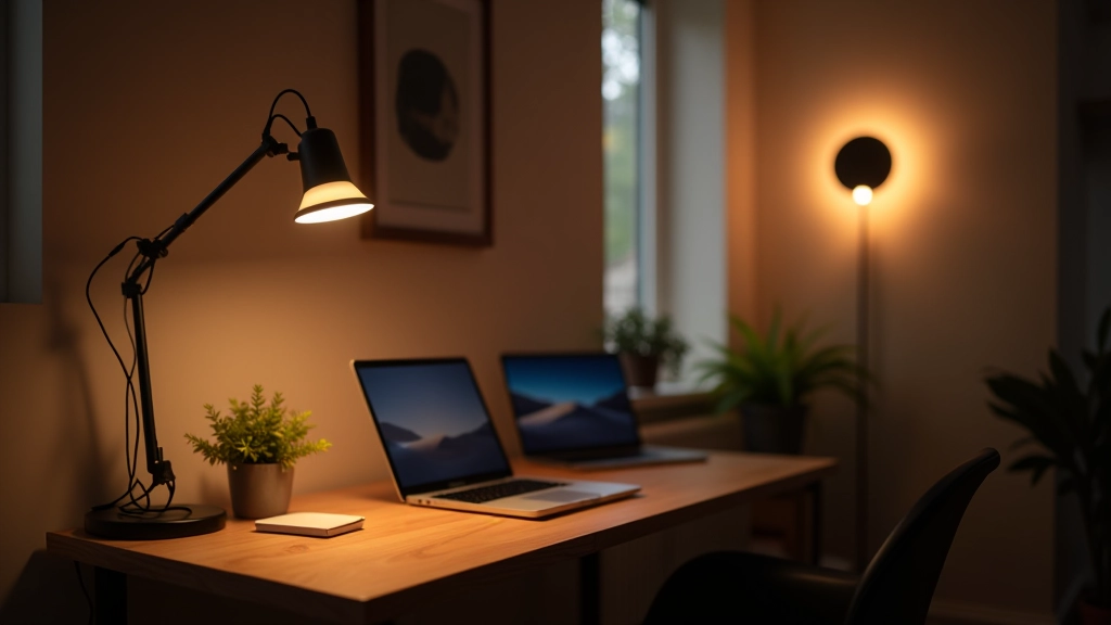 Home office desk in Jūrmala home with focused task lighting from desk lamp creating clear workspace while ambient wall lights provide background