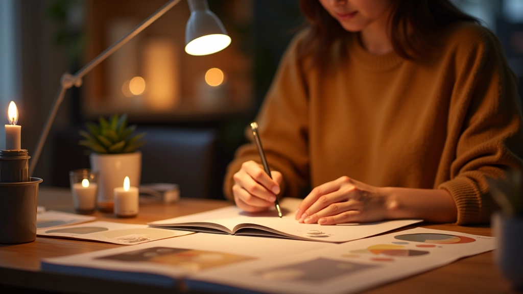 Professional lighting design studio workspace with color samples and ambient lighting displays