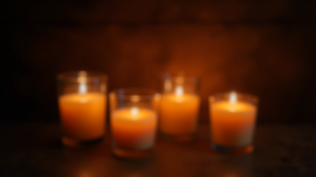 Close-up of lit candles in glass holders with warm amber glow against dark background, soft bokeh lighting