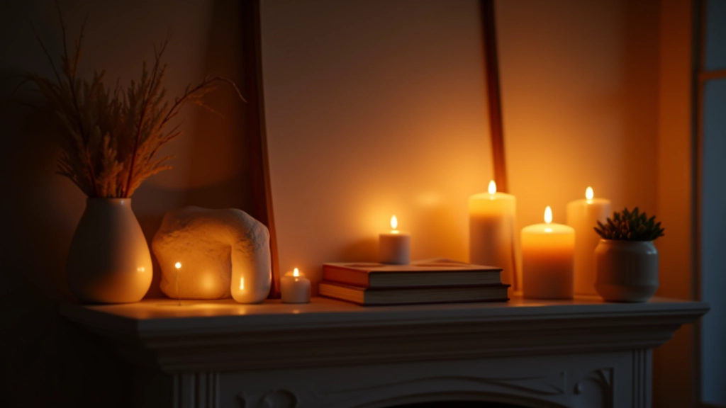 Styled mantelpiece display featuring multiple candles of varying heights arranged with decorative books and small plants