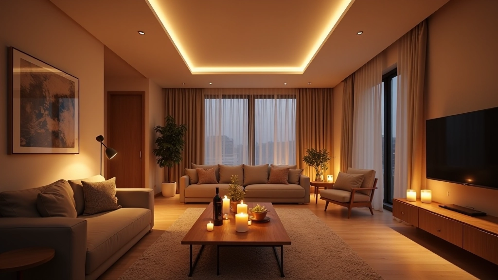 Modern living room in Rīga apartment with soft recessed ceiling lighting creating even warm illumination across white walls and wooden furniture