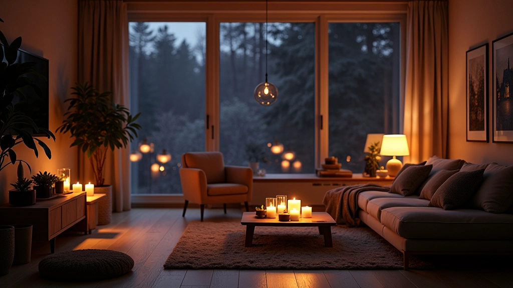 Cozy living room with warm candlelight and ambient lamp lighting creating a peaceful evening atmosphere