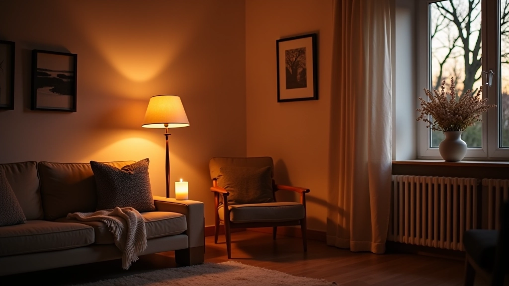 Cozy corner of Jūrmala home with layered lighting from multiple sources creating depth and warmth