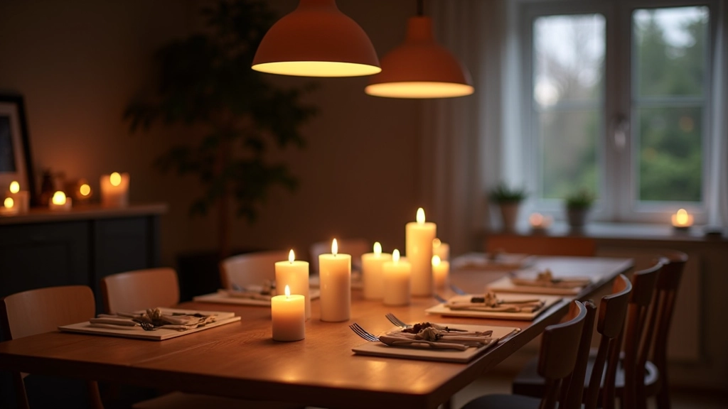 Dining area with candle arrangements and warm lighting