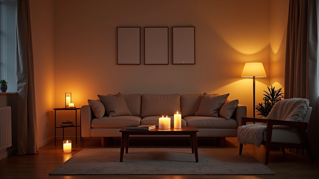 Minimalist living space with layered lighting including table lamp, floor lamp, and window light creating different warm zones in the room