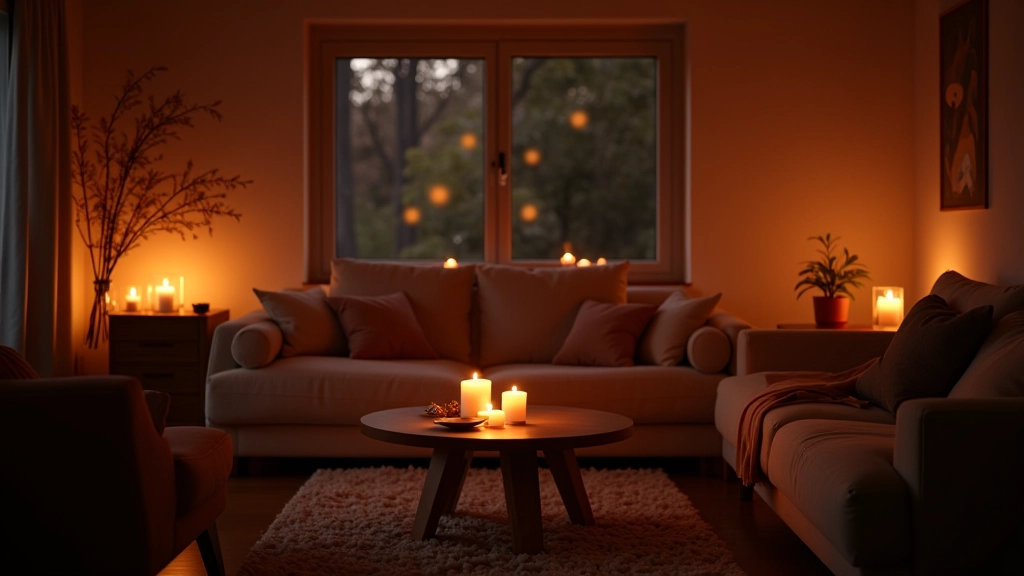 Warm cozy living room with soft ambient lighting and comfortable seating arrangements