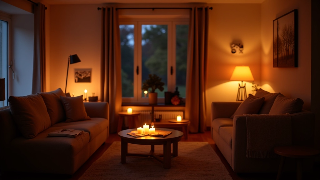 Layered lighting setup in living room with ceiling fixture, table lamp, and accent lighting creating warm ambient atmosphere