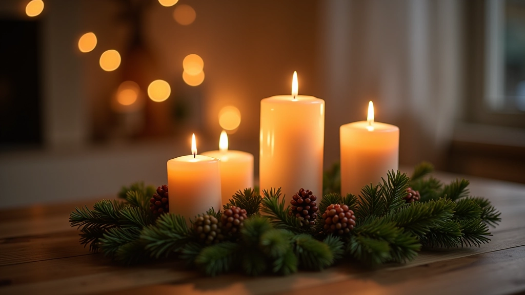 Winter-themed candle display with multiple pillar candles, evergreen branches, and warm ambient lighting