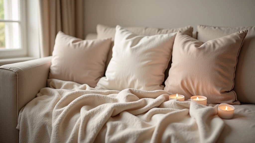 Soft neutral-colored wool blanket and linen pillows arranged on a cozy seating area with natural texture detail